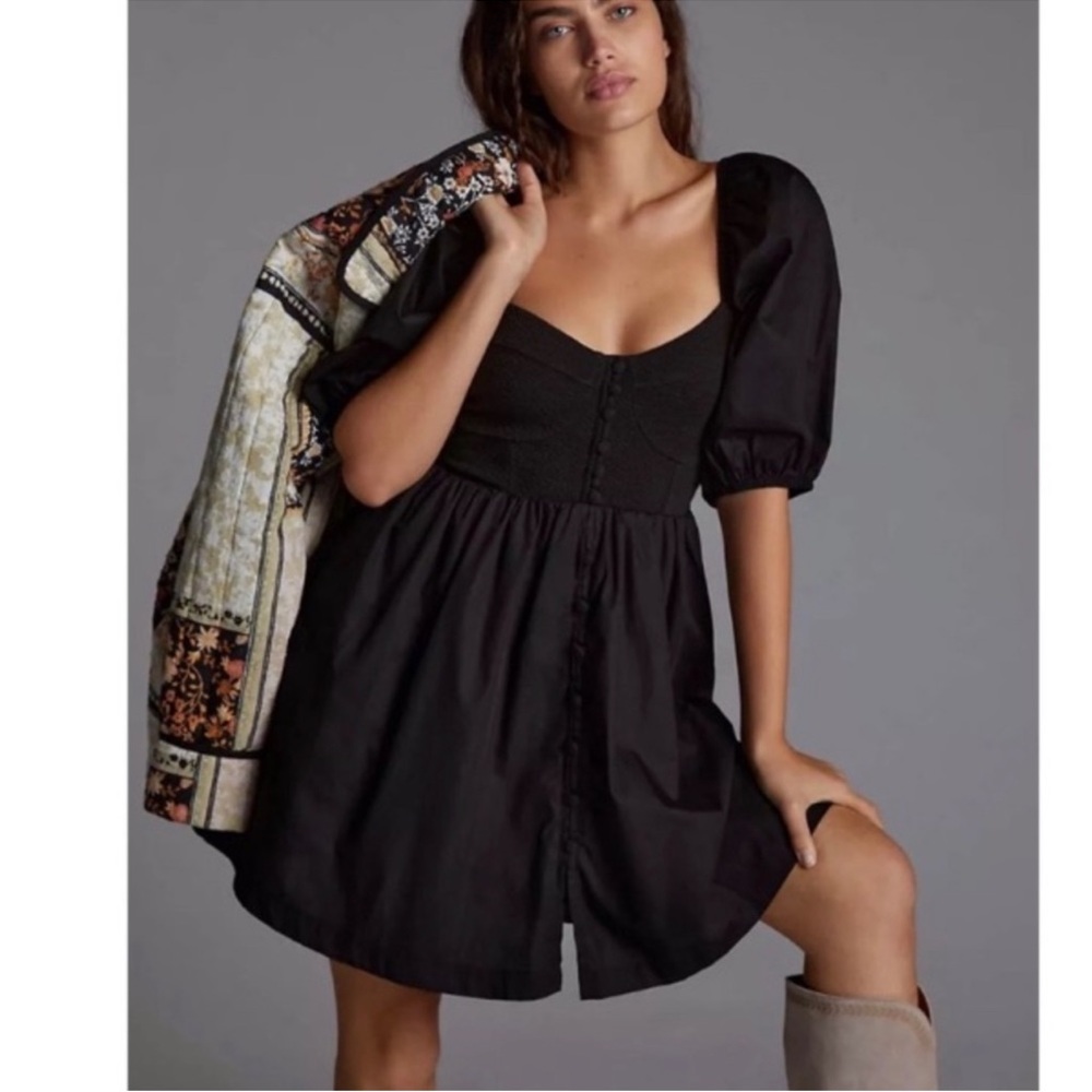 ANTHROPOLOGIE Puff Sleeved Sweetheart Mini Dress Smocked Back Black Size L NWT
